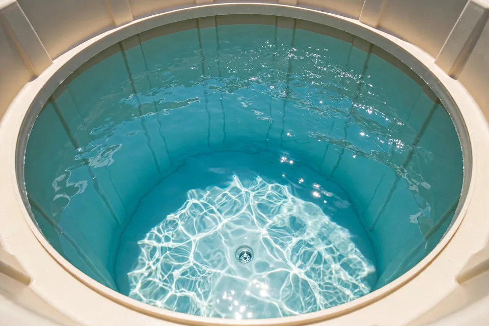 Inside of the same water tank after professional cleaning in Pakistan, viewed from the open top: spotless clean interior walls filled with crystal-clear water