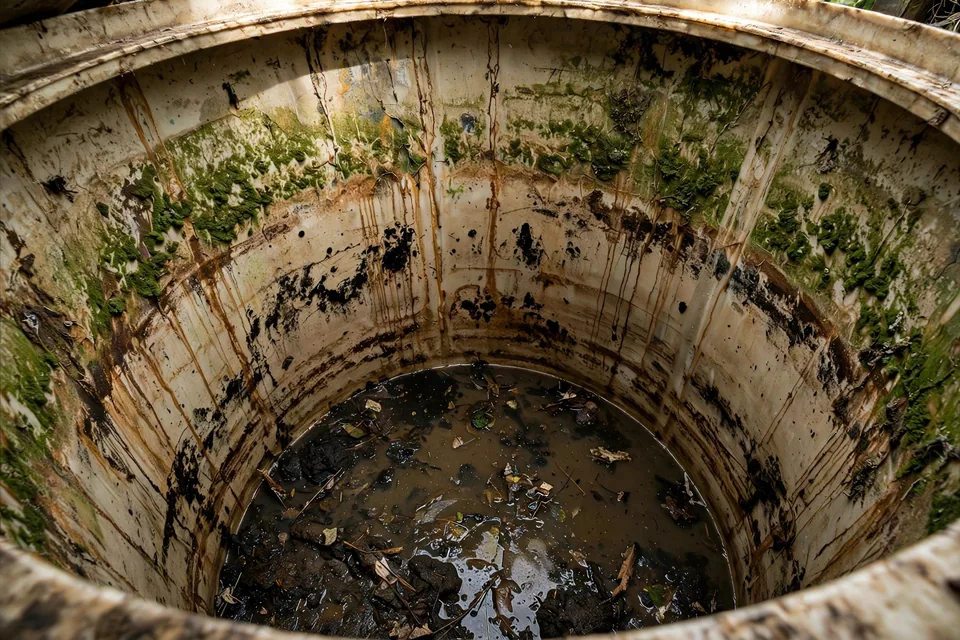 Inside of a water tank before cleaning in Pakistan, viewed from the open top: interior walls covered with green algae, brown sludge and stains, with dirty murky water at the bottom