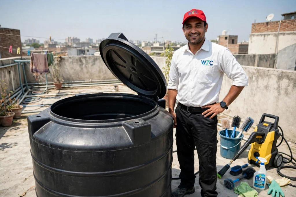and person is stand with water tank tank after cleaning done