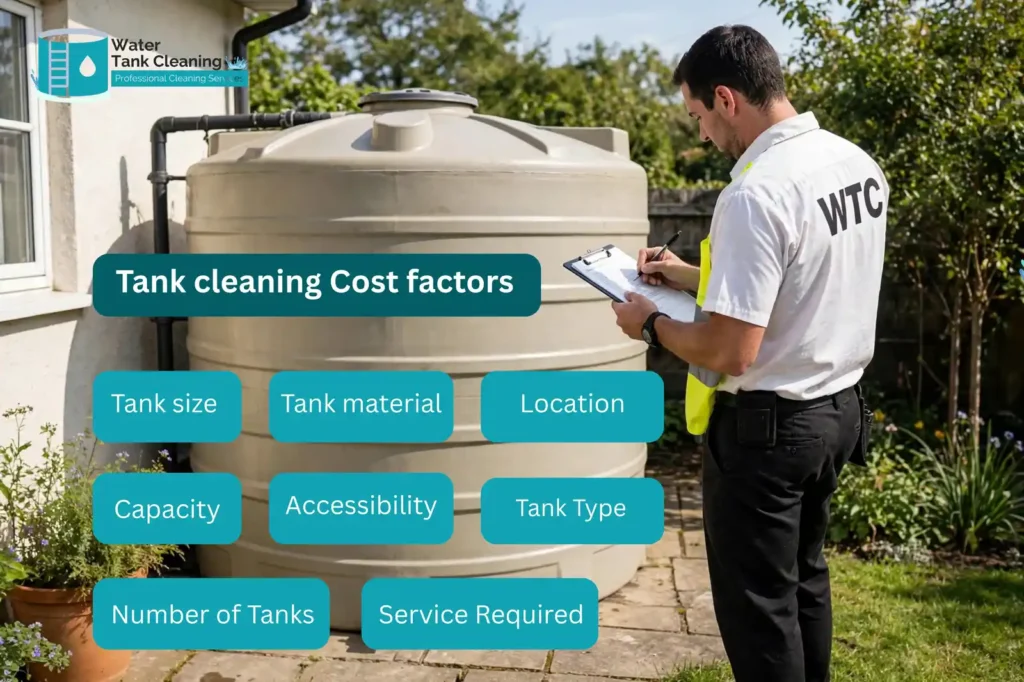 Tank cleaning cost factors, water tank cleaning price depends on tank size, tank material, location, capacity, accessibility, tank type, number of tanks and service required